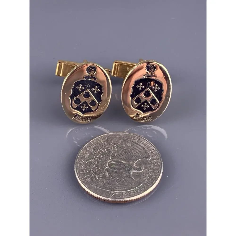 King Family Crest Cufflinks Gold Tone Knight Cross Escallop Heraldic Vintage